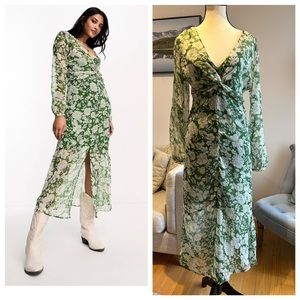 Mango XS V-Neck floral green midi dress